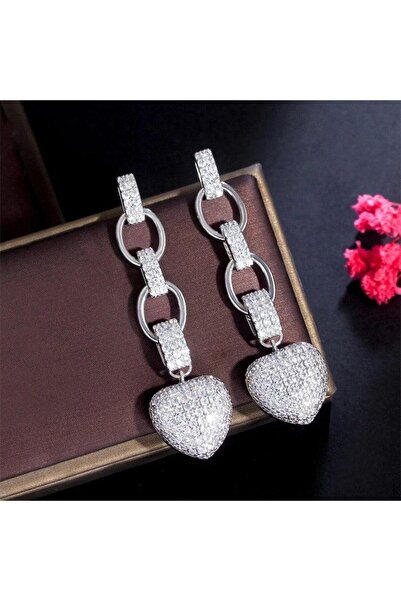 Pursehuit Cercei lungi de culoare argintie, cu inimă și pietre de zirconiu, D...