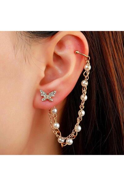 Pursehuit Cercei tip cuff, auriu, cu fluture, pietre și perle, Rozalia C3