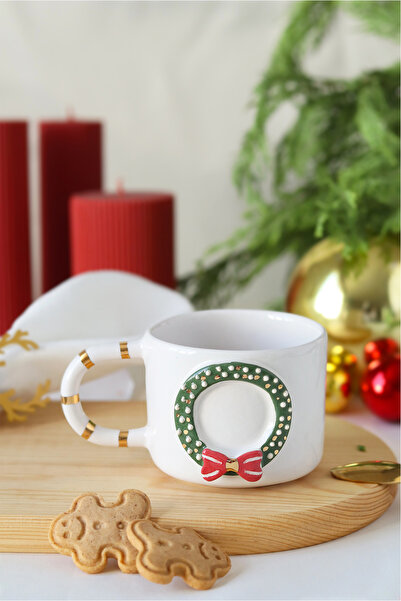 ada mia seramik Christmas Door Ornament Figured 24K Gold Decorated Handmade Ceramic Mug 200ml