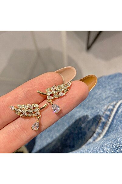 Pursehuit Gold earrings, blown in 14 karat gold, leaf-shaped, with zirconium stones, Letha C1