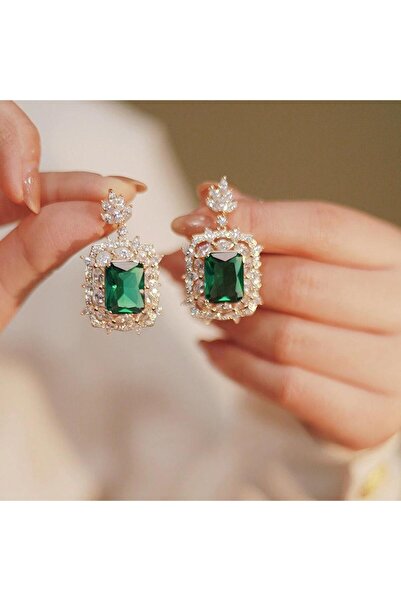 Pursehuit Gold coloured earrings with green zirconia stones, Adriel C16