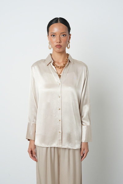 Orfeo Negro Women's V-Neck Light Beige Color Plain 100% Viscose Gold Buttoned Shirt
