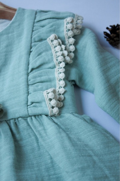 Pio Kids Pamuk Rahat Uzun Kollu,broş ve Dantel Detaylı Müslin 6-24 Ay Kız Çocuk Bebek Elbisesi