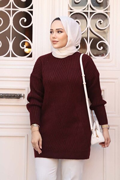 N.S NEVA STYLE Dark Burgundy Hijab Knitwear Sweater Tunic 7852Kbr