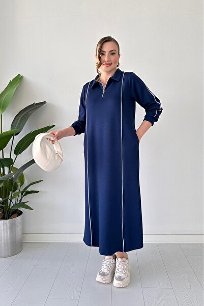 MaziButik Modal Dress with Piping Navy Blue