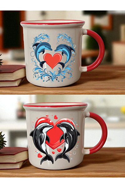 lili hediyelik كوب على شكل قلب مع حوت، طقم من قطعتين بلون أحمر - هدية للحبيب،...