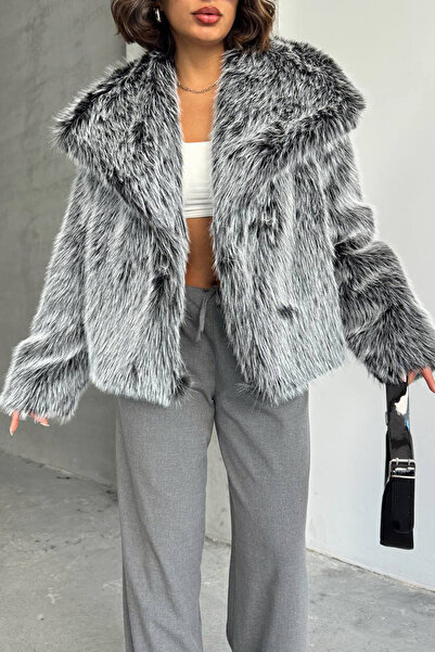 XXL BUTİK Дамско сиво палто от внос, висококачествено кожено палто NBG053