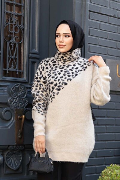 N.S NEVA STYLE سترة تريكو محتشمة منقوشة باللون البيج 8818BEJ