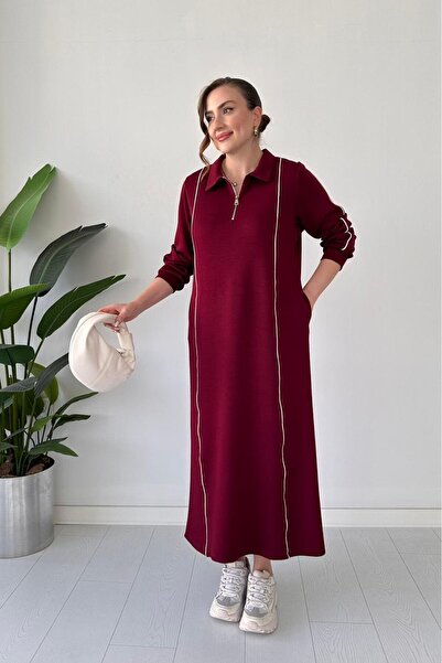 MaziButik Modal Dress with Piping Burgundy