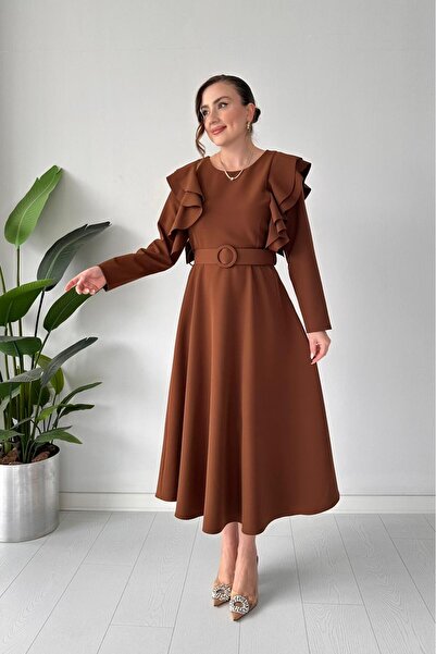 MaziButik Belted Shoulder Layered Dress Brown