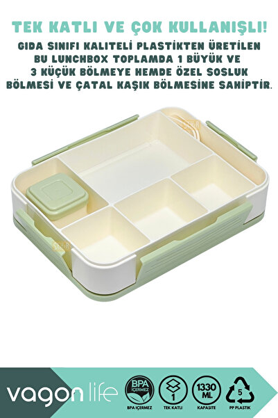 Vagonlife Bento 1330ml Lunch Box New Collection Single Layer 5 Compartments Pp Plastic Children's Lunch Box Food Container
