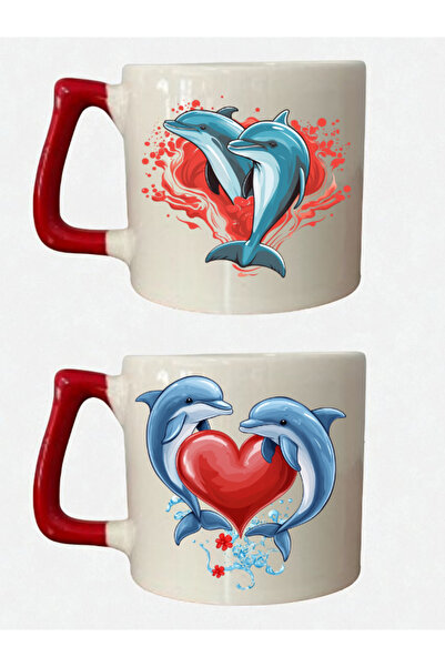 lili hediyelik Heart Dolphin Printed 2-Piece Mug - Baby Girl Gift, Tabletop Gift, Gift for Teacher