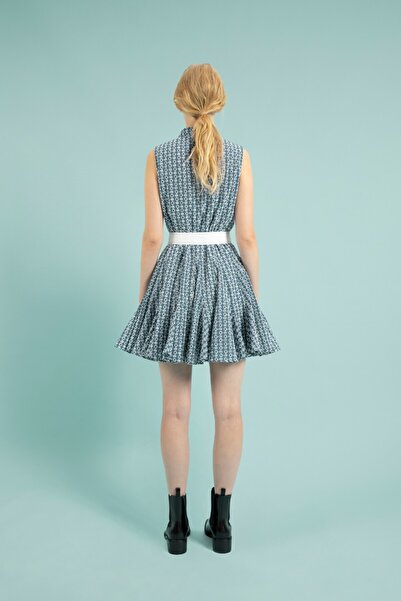 By Mare Style Elroy-White Patterned Cotton Blue Sleeveless Brode Dress