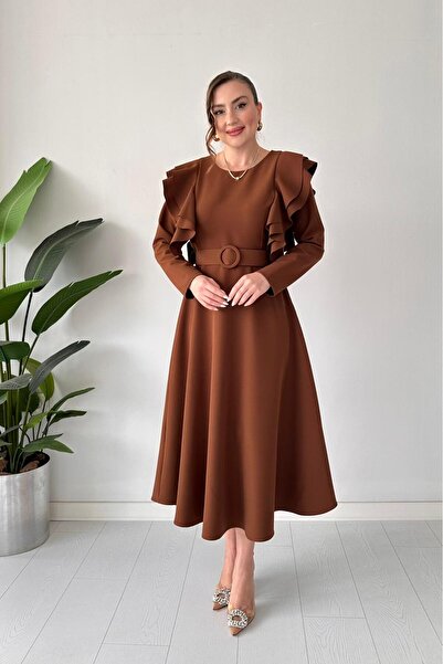 MaziButik Belted Shoulder Layered Dress Brown