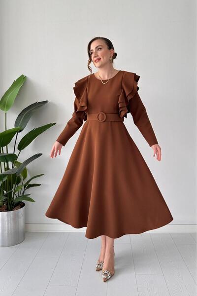 MaziButik Belted Shoulder Layered Dress Brown