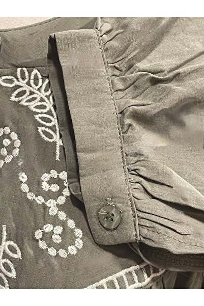 SOLOBUY Cotton Dress With Contrast Embroidery, Buttons, Belt And Pockets, Length Midi, sleeves Long