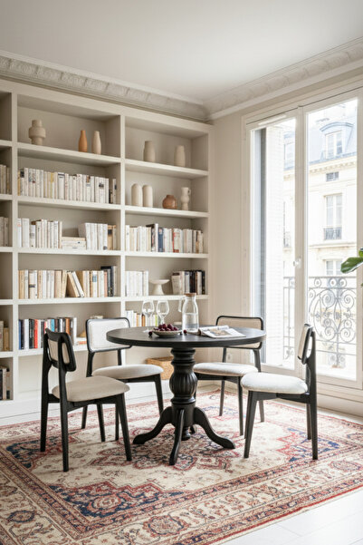 Woodenbend Pafi Siyah Ahşap Yuvarlak Masa Takımı 100x100 – 4 Kumaş Döşemeli S...