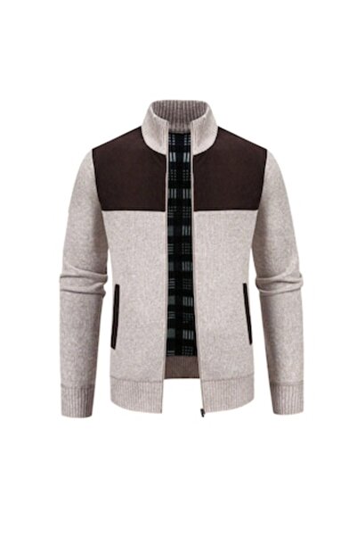 The Casius. Men's Padded Cardigan with Zipper and Ribbed Shoulder Inserts, Size 50/XXL, Beige Brown