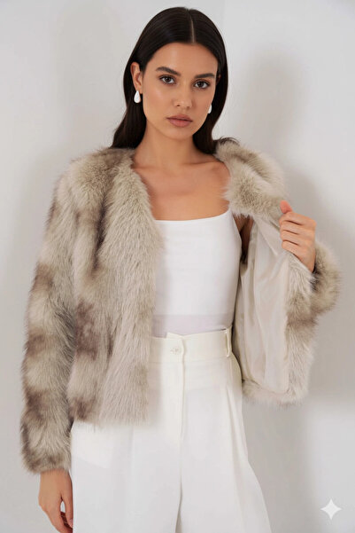 hazelin Γυναικείο μπεζ επενδεδυμένο βελούδινο γούνινο παλτό HZL25W-BD152251