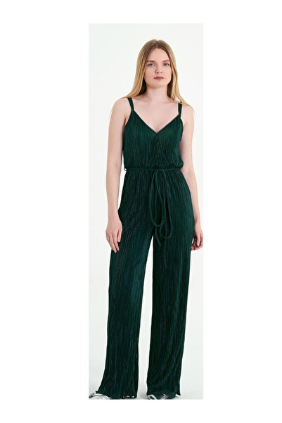 MOREPERLA Women's Batak Green Strappy Belted Backless V-Neck Frilly Jumpsuit