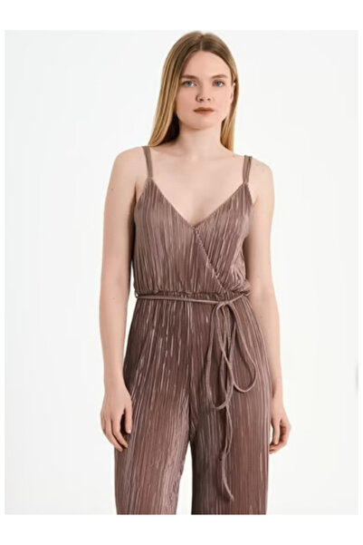 MOREPERLA Women's Mink Strap Low-Cut Backless V-Neck Furry Jumpsuit