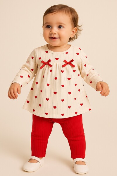 dinamik çocuk Baby Girl/Child Small Heart Report Printed Shoulder Snap Fastener Baby Set 2-Piece Top and Bottom Seasonal 3-6-9-12 Months