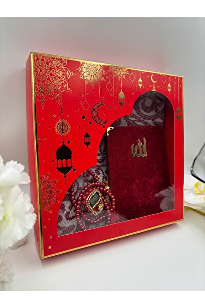 DUHA HAC Dowry Set, Gift, 4-Piece Bridal Bundle Set, Taffeta Prayer Rug, Yasin, Stone Zikirmatik, Pearl Prayer Beads