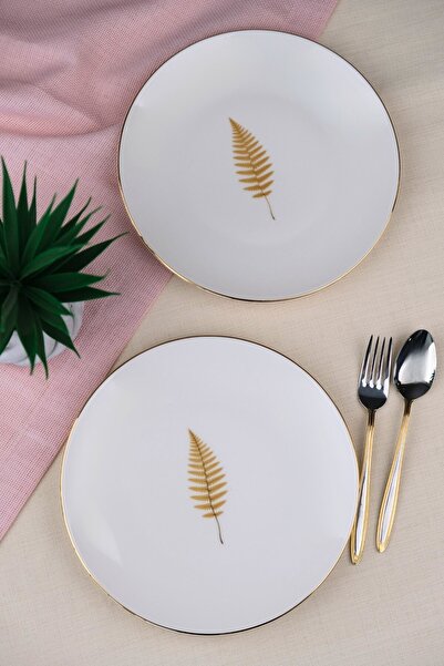 tabakevi Tabak Evi Porcelain Natura Fern Gold Gilded Cake Plate 20.50cm 2 Pcs