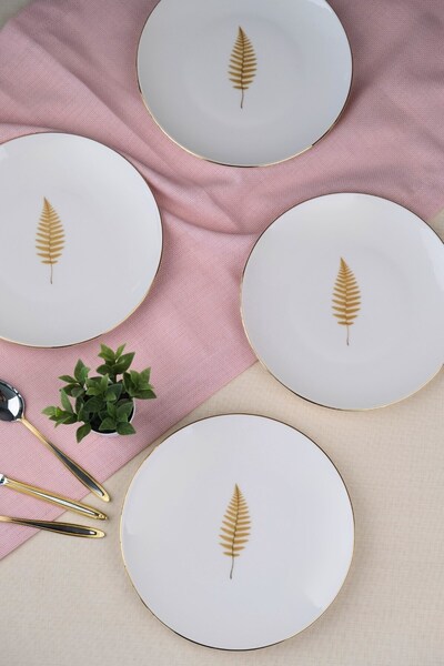 tabakevi Tabak Evi Porcelain Natura Fern Gold Gilded Cake Plate 20.50cm Set of 4