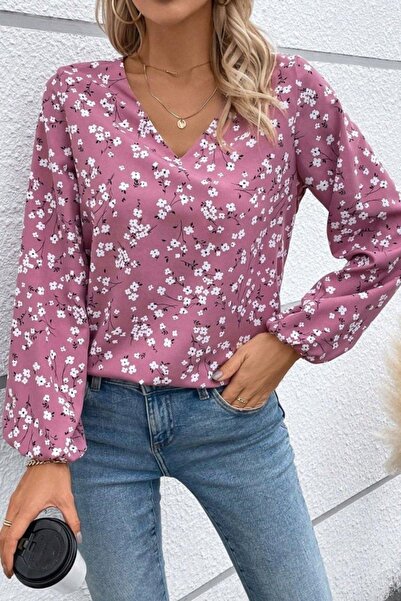 Mossta V-Neck Floral Patterned Modal Blouse - Pink