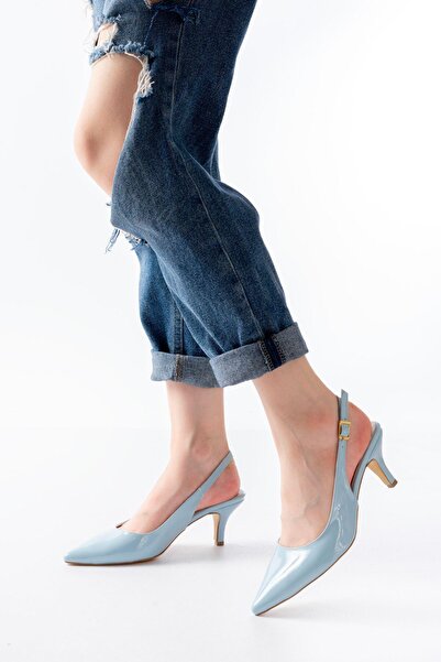 Mida Shoes ST-1152 Bebe Mavi Rugan Günlük 7 cm Topuklu Kadın Ayakkabı