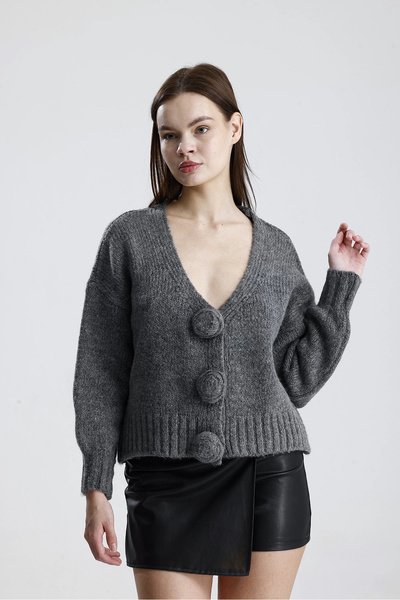 Lusin Women's Gray Stylish Gray Knitwear Cardigan with Rose Detail