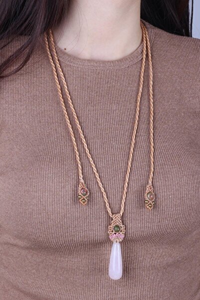 Dünya Doğal Taş Pink Quartz Stone Knitted Necklace - 200004