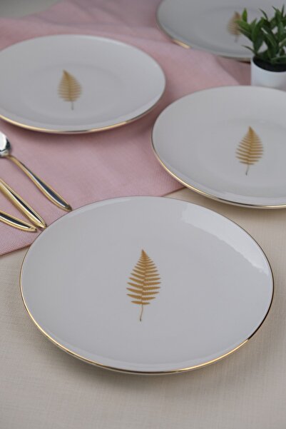 tabakevi Tabak Evi Porcelain Natura Fern Gold Gilded Cake Plate 20.50cm Set of 4