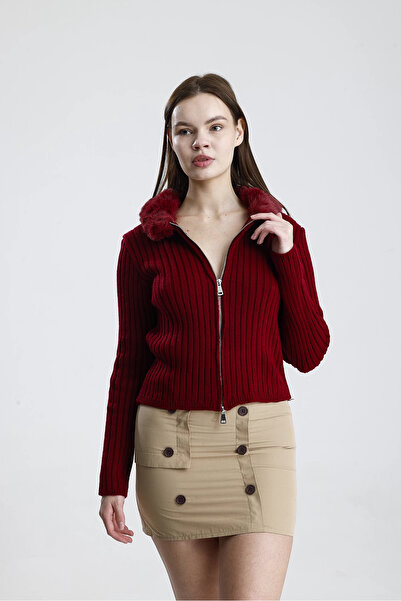 Lusin Women's Stylish Double Zipper and Fur Collar Detailed Burgundy Knitwear Cardigan