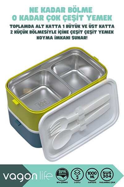 Vagonlife Bento 1000ml Lunchbox New Collection 2 Layer 3 Compartment Stainless Steel Lunch Box Food Container