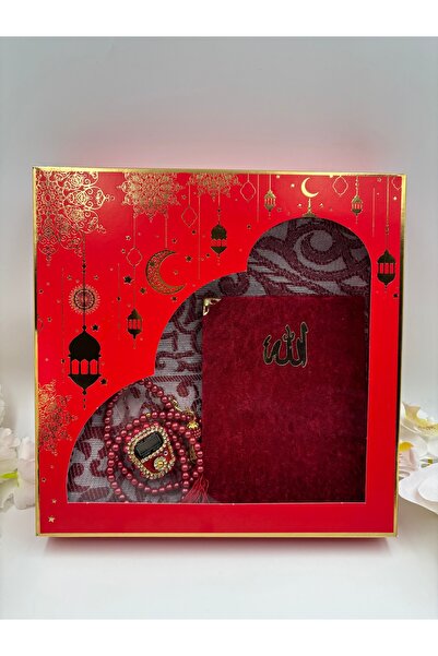 DUHA HAC Dowry Set, Gift, 4-Piece Bridal Bundle Set, Taffeta Prayer Rug, Yasin, Stone Zikirmatik, Pearl Prayer Beads