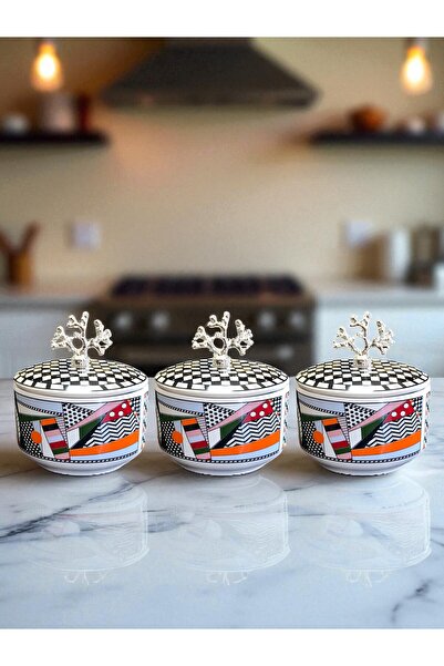 ferayhome إكسسوار مطبخ، طقم من 3 أوعية لتقديم الإفطار، نمط هندسي مربعات، فضي ...