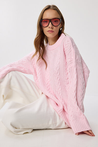 Lovelyİstanbul Übergroßer Strickpullover mit geflochtenen Zöpfen LPF0107 ROSA