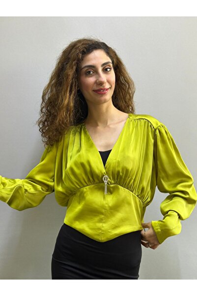 Gönülden Tasarım Fistic Green Satin Women's Shirt with Accessories, Size 40