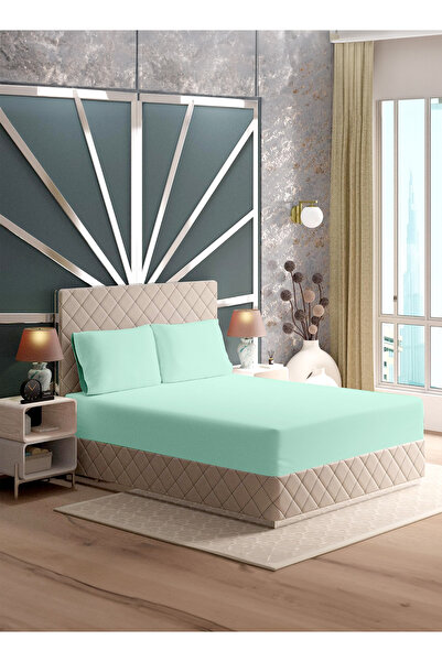 American Linen King Plain Fitted Elastic Bedsheet with 2 Pillow Case 200 x 200 Cm Mint Green