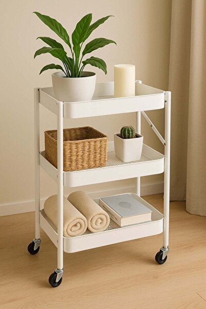 HOMEVEO عربة تخزين معدنية مقاومة للصدأ مع ثلاثة أرفف شبكية