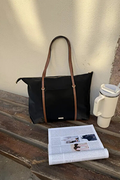 LEONAS Striped Front Eyelet Women's Shopper Bag Carmira St0023 Black