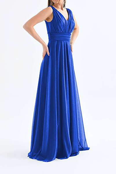 XXL BUTİK γυναικείο μπλε βραδινό φόρεμα με λαιμόκοψη από τούλι NBS9223