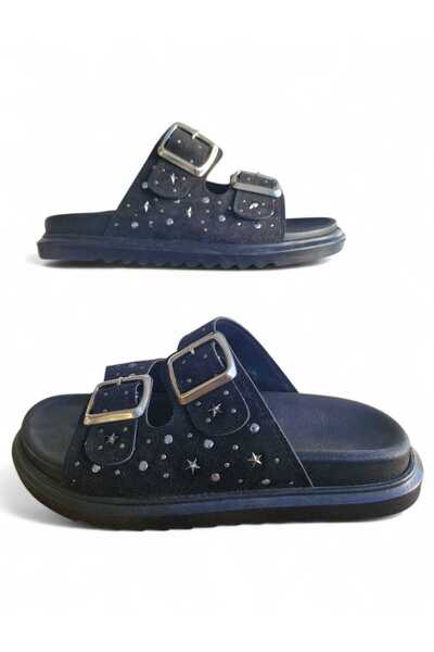 sancar ayakkabı Manolya Black Trop Detail Suede Women's Slippers 00023