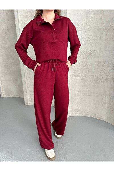 ZF BUTİK Women's Zippered Polo Neck Tracksuit Set