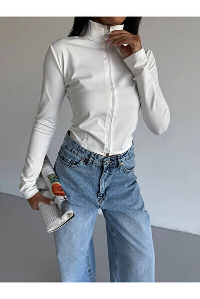 hazelin Hanorac alb pentru femei, din material submersibil, cu închidere cu fermoar, cu șireturi, HZL25W-FRY123441