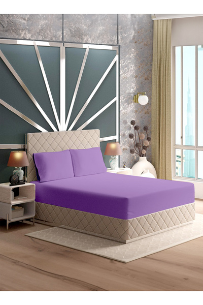 American Linen King Plain Fitted Elastic Bedsheet with 2 Pillow Case 200 x 200 Cm Lavender