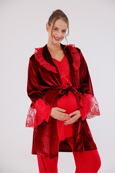 Yulem Homewear Red Velvet Shawl Collar Lace Design Maternity Maternity Dressing Gown 3-Piece Pajama Set