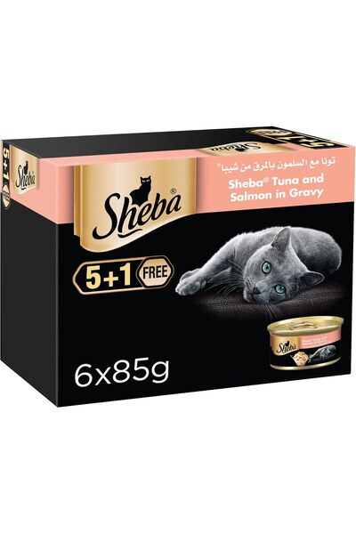 SHEBA طعام القطط من التونة المقشرة والمغطاة بالسلمون - عبوة من 5 قطع + قطعة واحدة (85 جم × 6 قطع)